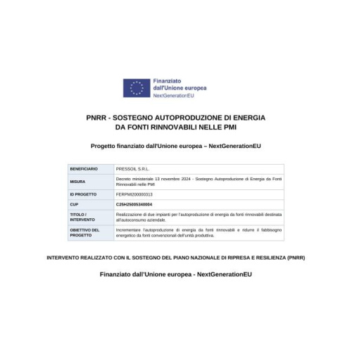 Pressoil investe nell’energia rinnovabile: impianto per autoproduzione di nuova generazione.